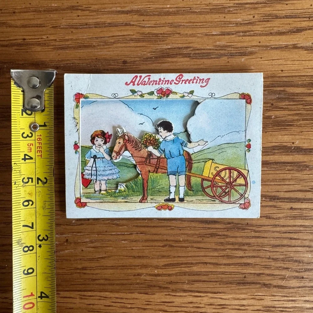 Vintage Valentine Greeting Cut Out Card Made in USA Children Horse‎ Cart